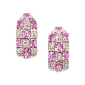 A pair of pink sapphire, diamond and 14k white gold earrings