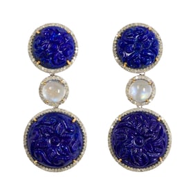 A pair of 14k gold and silver lapis and moonstone and diamond earrings