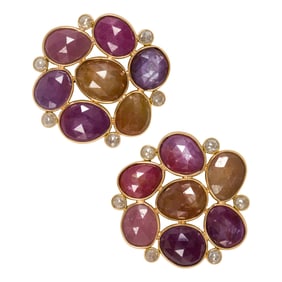 A pair of 18k gold multicolored sapphires and diamond earrings