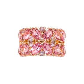 A pink tourmaline, amethyst , diamond and 18k rose gold ring