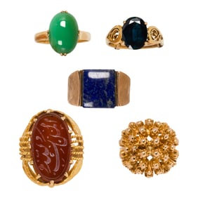 Five gem-set and gold rings