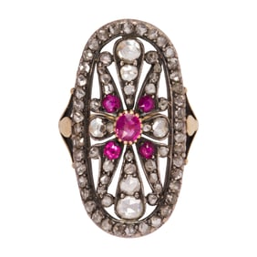 A ruby, diamond and silver-topped 14k gold ring