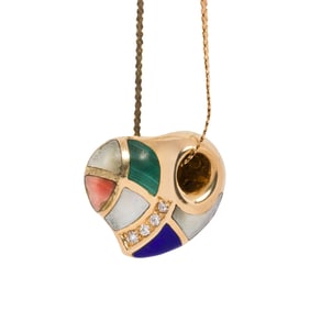 A diamond, inlay and 14k gold heart pendant and chain