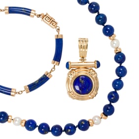 A group of lapis lazuli, cultured pearl and 14k gold jewelry