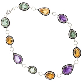 A gemstone, diamond, 14k gold and silver necklace