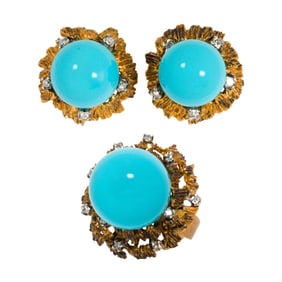 A faux turquoise, diamond and 14k ear-clip set