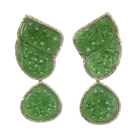 A pair of 14k gold and silver prehnite and diamond earrings