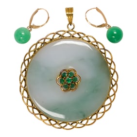 A jade and 14k gold pendant and earrings