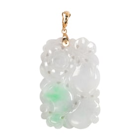 A carved jade and 14k gold pendant-enhancer