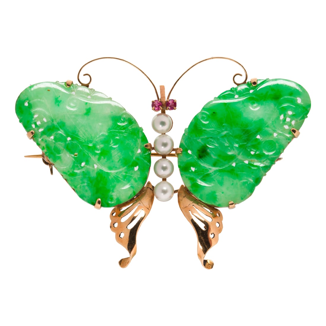 A carved jade, cultured pearl, synthetic ruby and 14k gold butterfly brooch-pendant (1 of 1)