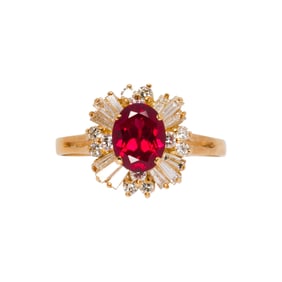 A synthetic ruby, diamond and 18k gold ring
