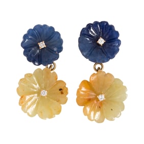 A pair of sapphire and diamond 18k gold flower earrings