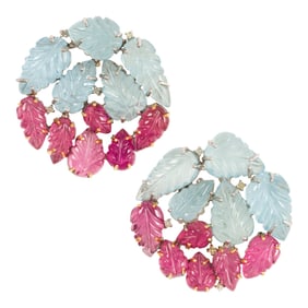 A pair of aquamarine, tourmaline and 14k gold earrings