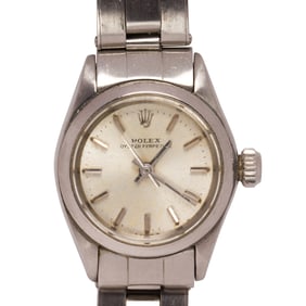 A ladies stainless steel Rolex Oyster Perpetual watch