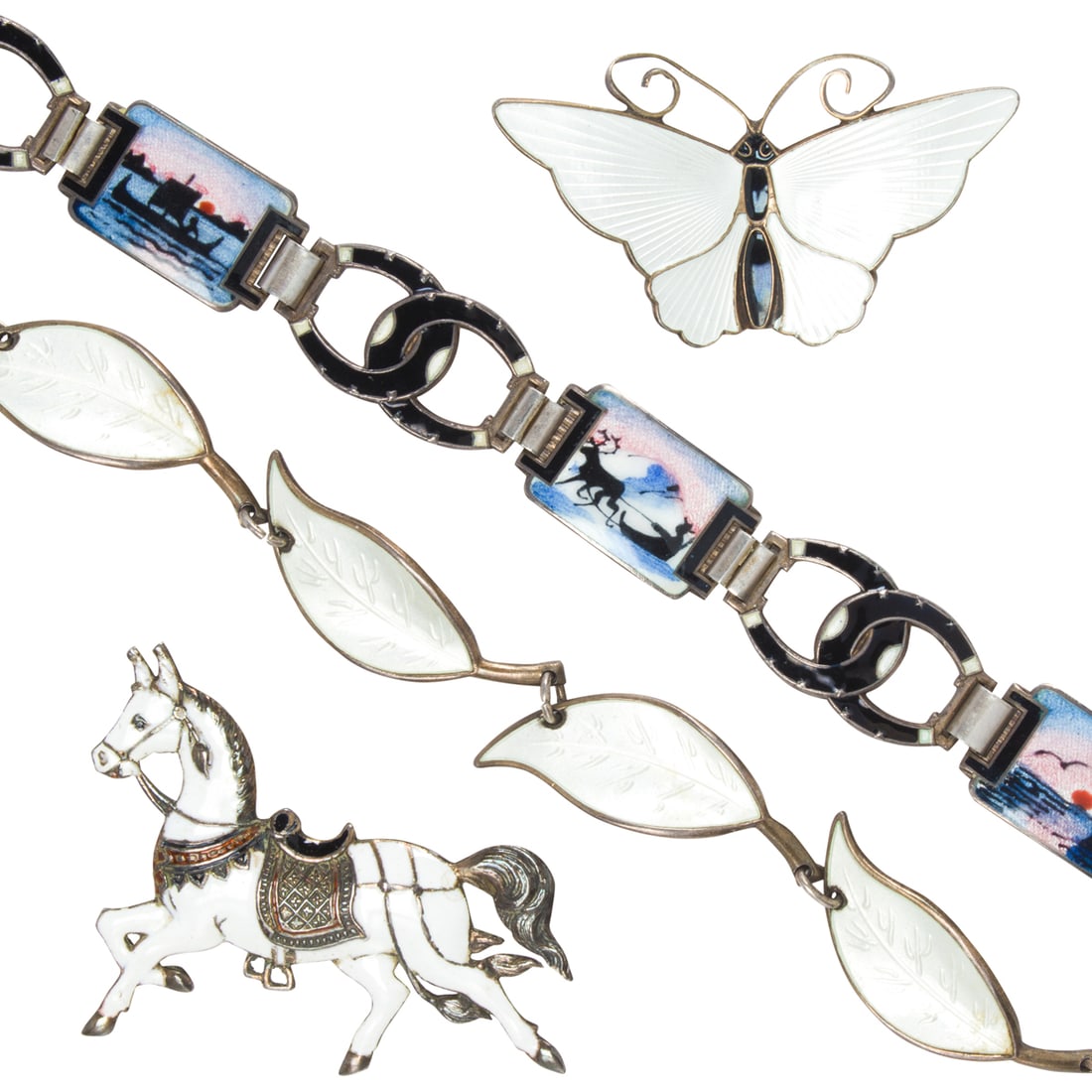 A group of enamel and silver jewelry: A group of enamel and silver jewelrycomprising a leaf bracelet and butterfly brooch by David Anderson Norway, a horse motif brooch, and a scenic bracelet by Norne; 43.3 grams gross; bracelet lengths: