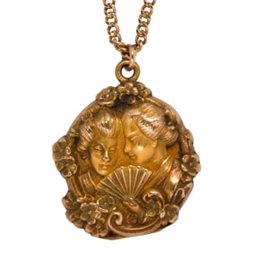 Art Nouveau gold-filled repousse locket and chain
