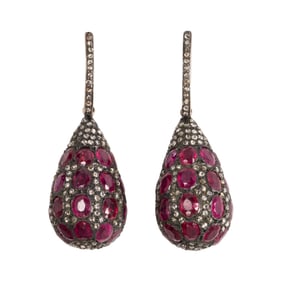 A pair of ruby, diamond, silver and silver topped 14k gold earrings