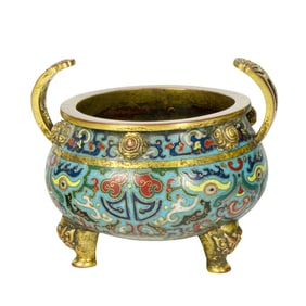 A Chinese cloisonne enamel tripod censer