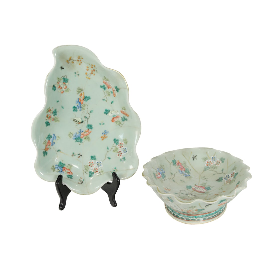(lot of 2) Chinese celadon ground famille rose foliate bowls: (lot of 2) Chinese celadon ground famille rose foliate bowls. Decorated with flowers and insects, late Qing period, 11" across.