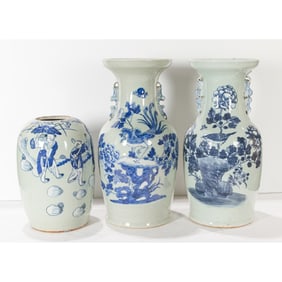 (lot of 3) Chinese celadon ground blue and white vases and jar