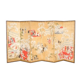 A Japanese six-panel 'flower viewing' folding screen