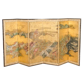 A Japanese six-panel 'Sumiyoshi shrine' folding screen