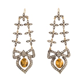 A pair of citrine, diamond and silver topped 14k gold