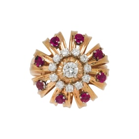 A diamond, ruby and 14k gold ring