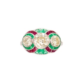 A diamond, ruby, emerald and 18k white gold ring