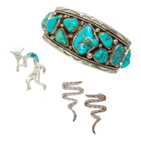 A group of Native American turquoise and silver jewelry