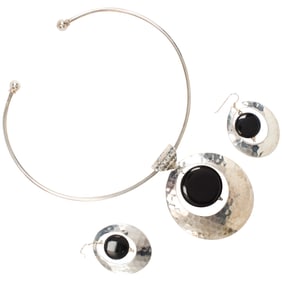 An onyx and silver necklace and earring set