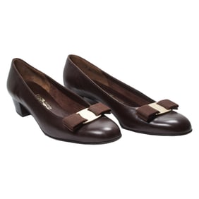 A pair of brown leather Ferragamo heels