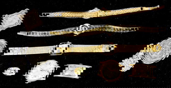 A lot of five watches, three with bands together with tie clips, etc