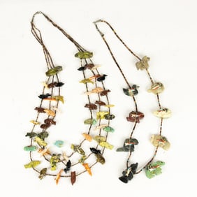 Two Zuni fetish necklaces filled with semi-precious stone animal fetishes