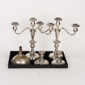 A lot of Fisher sterling weighted three light candelabra