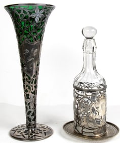 An Art Nouveau silver overlay vase and a decanter