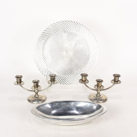 A pair of Elgin sterling weighted three light candlestands; a Nambe bowl and a Tiffany & Co glass