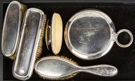 A Gorham beaded sterling mounted dresser set