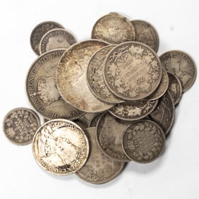 (lot of 25) Canadian Silver coins ranging dates 1870-1920, (3) 50 cent pieces, (8) Quarters, (6) 10