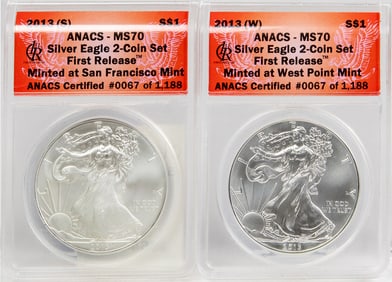 American Silver Eagle Coin Set First Release ANACSMS70, 2013S and 2013W