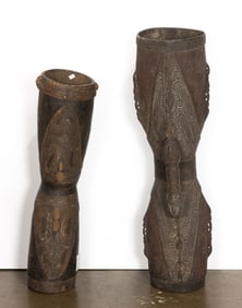 Two African Madagascar carved wood drums