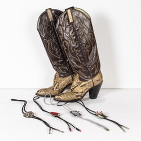 A lot of four light up bolo ties together with a pair of women's cowboy boots; h 18"