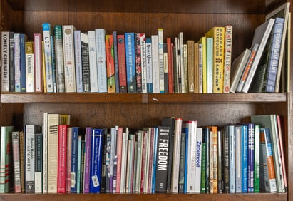 Two shelves of modern and classic novels, books on interior design, history, medical, and self help