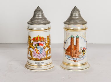 A pair of German pewter mounted lithopane porcelain souvenir steins for Bayen and Munchen