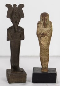 A Grand Tour Egyptian style faience shabati and a bronze figure of Osiris