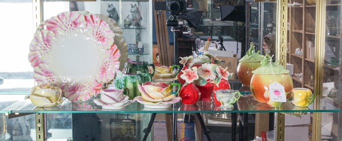A group of Royal Bayreuth and other Continental porcelain including roses, watermelon and hibiscus