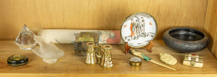 An assembled group, including Lalique 'Colereux' sparrow and LeMarie opera glasses