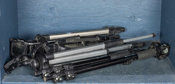 Five camera tripod and monopods including Bogen by Manfrotto and Velbon