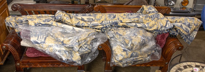 A group of Travers & Co blue and yellow cotton 'Toile de Nantes' bed linens and curtains from a