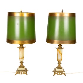 A pair of gilt metal mounted onyx boudoir lamps with papershades